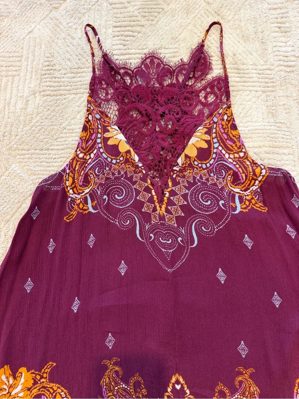 Free People Intimately Boho Lace Halter Slip Dress Burgundy Paisley XS